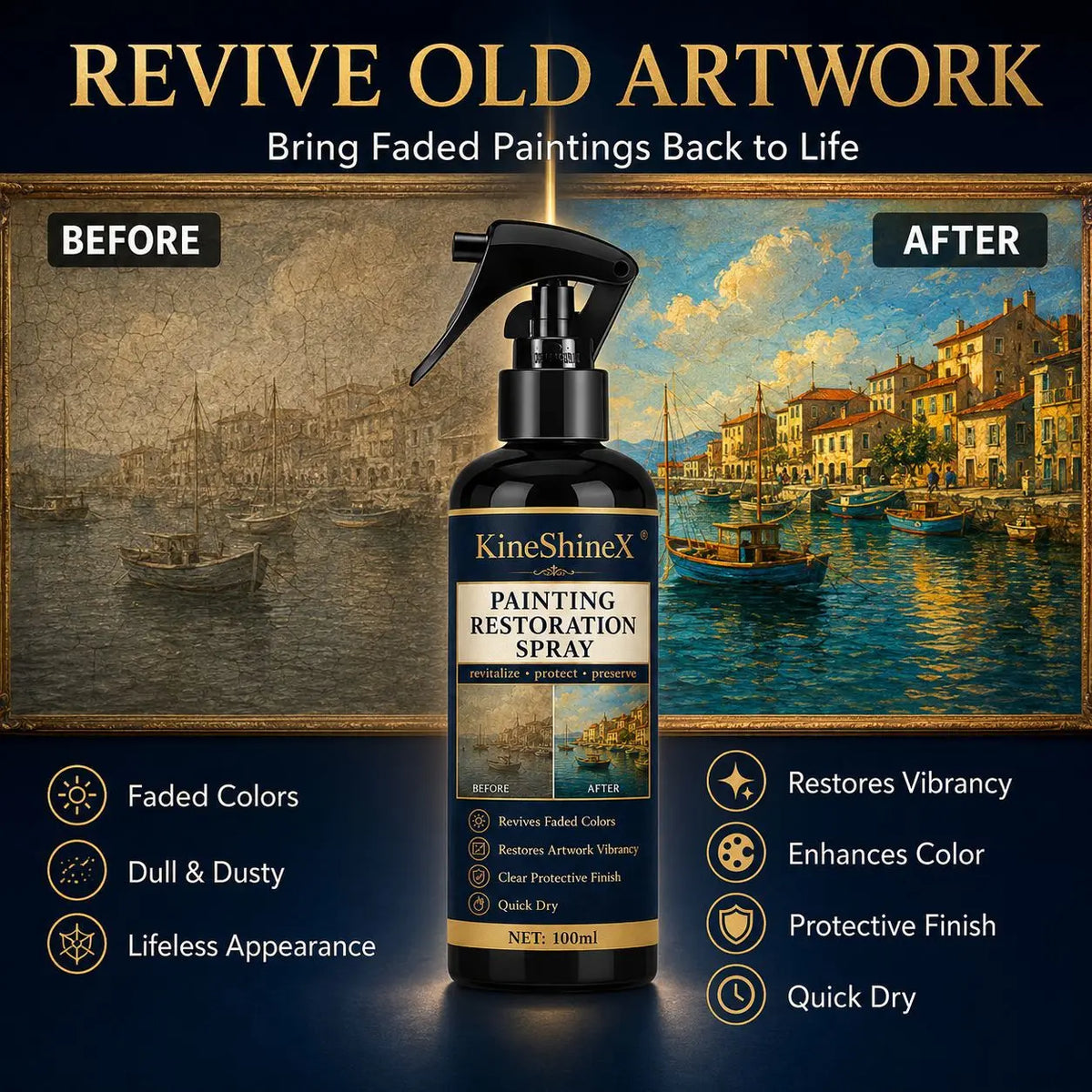 spray restauration peinture 100ml noir étiquette dorée contemporain rapide huile toile