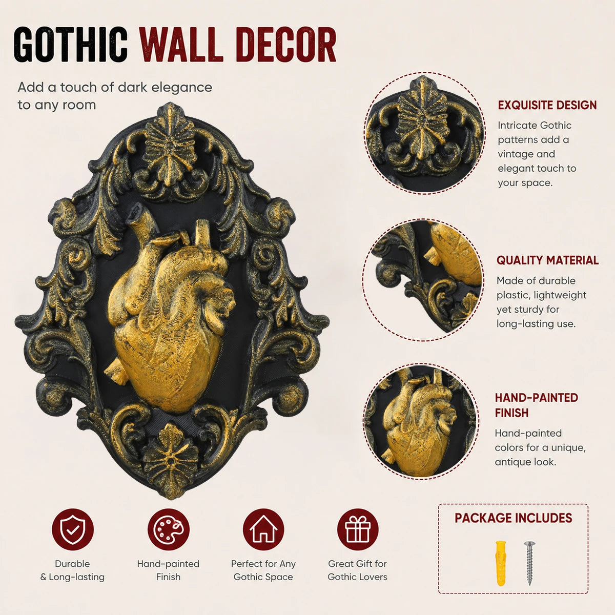 décoration murale gothique cœur anatomique noir doré ornements floraux plastique