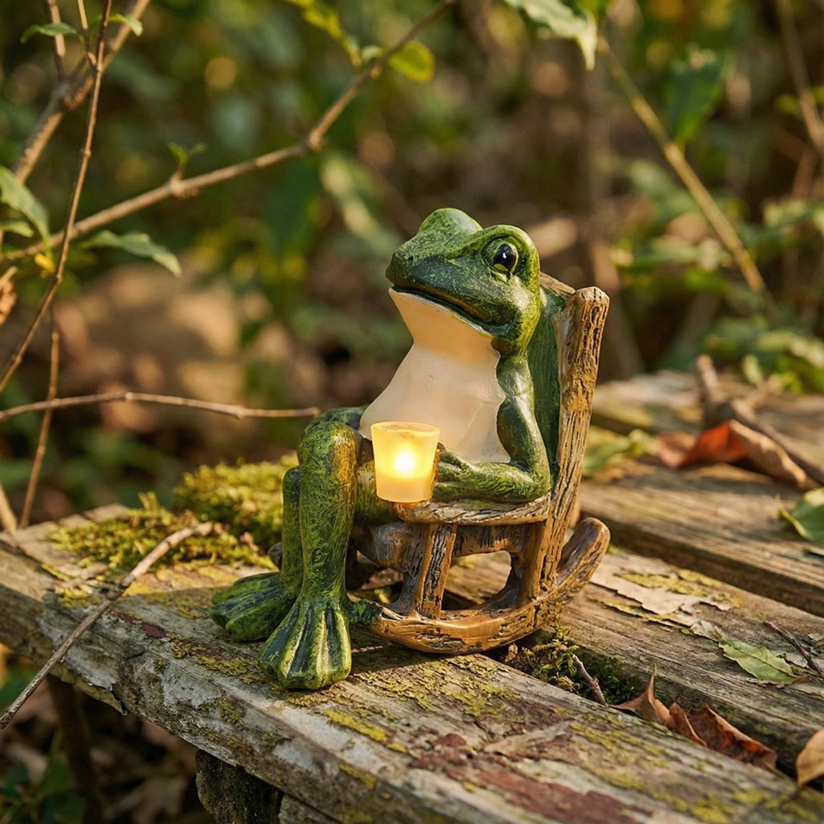 statue grenouille verte résine LED artisanale jardin intérieur décoration mignonne details sculptés gaieté fraîcheur