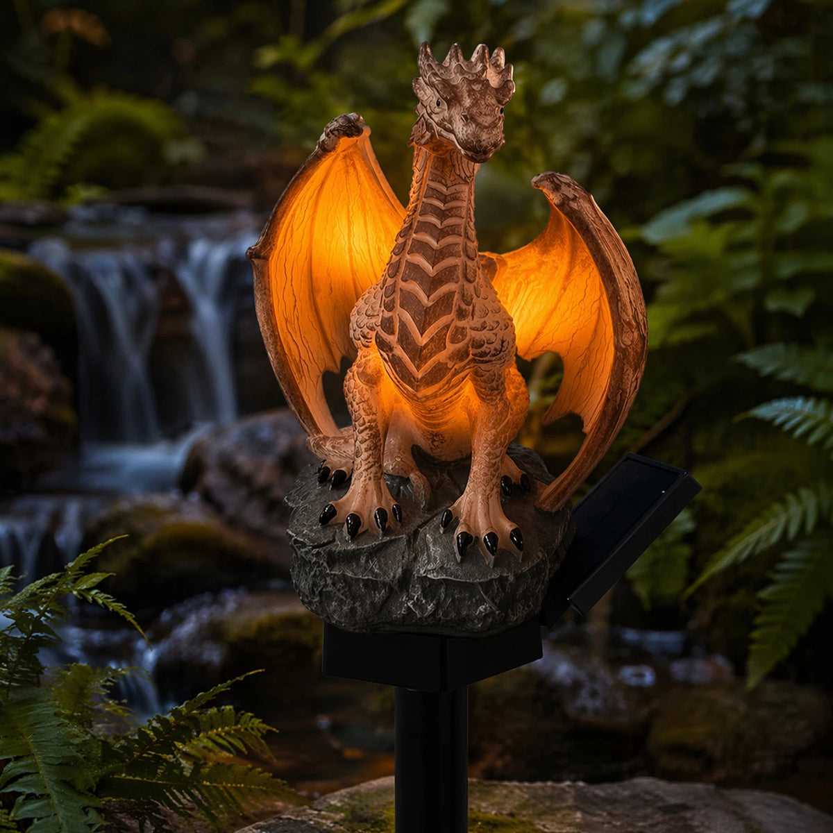 statue dragon lumineuse résine marron fantastique décoration extérieure jardin maison plumes ailes details réaliste