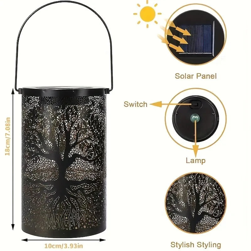 lampe solaire décorative moderne arbre feuilles noir doré motif rustique jardin extérieur contemporain