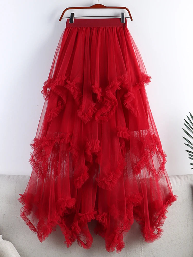 jupe tulle violet rouge élégante asymétrique franges translucide femme erotique summer