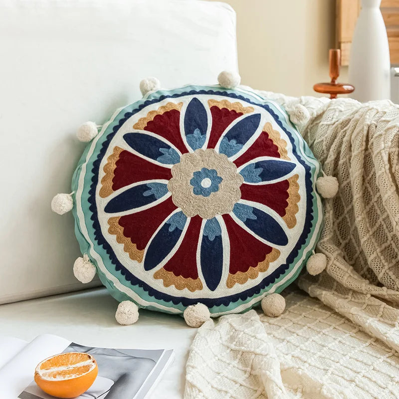 taies d'oreiller rondes géométriques coton polyester pompons blancs ethnique bohocoration intérieure hôtelière hôpitalisée
