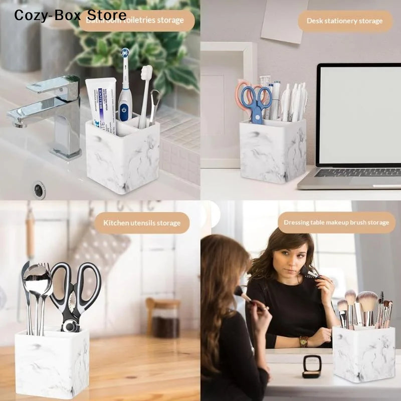 organisateur moderne brosses dents dentifrice savon stylos ciseaux postits pinceaux maquillage comb verre blanc