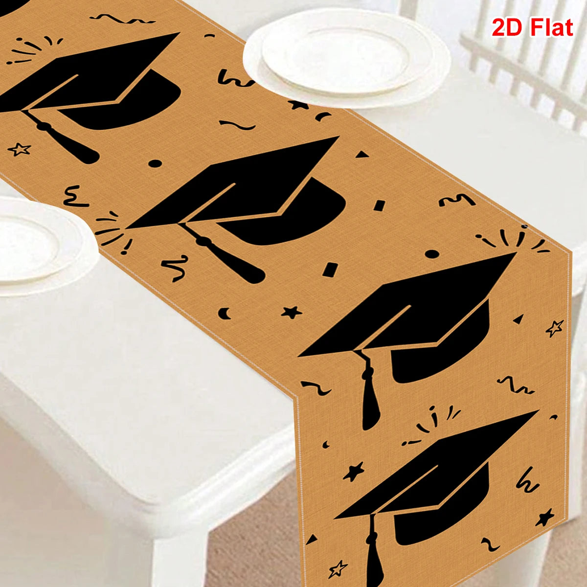 nappe table cérémonie remise diplômes motif chapeaux étoiles abstrait décoration fête graduation beige noir