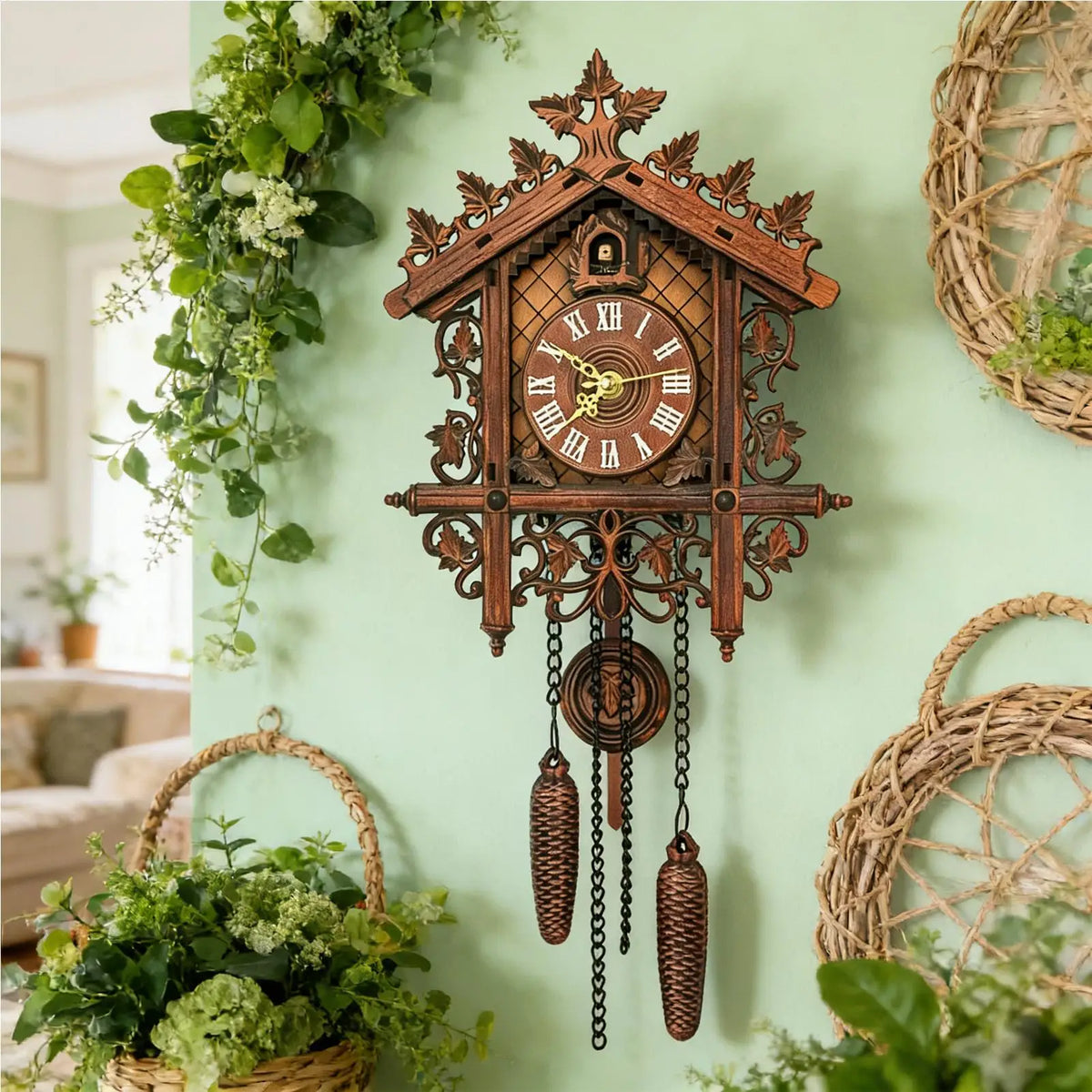 horloge murale bois sculpté traditionnel carillons horaires décoration maison chambre salon