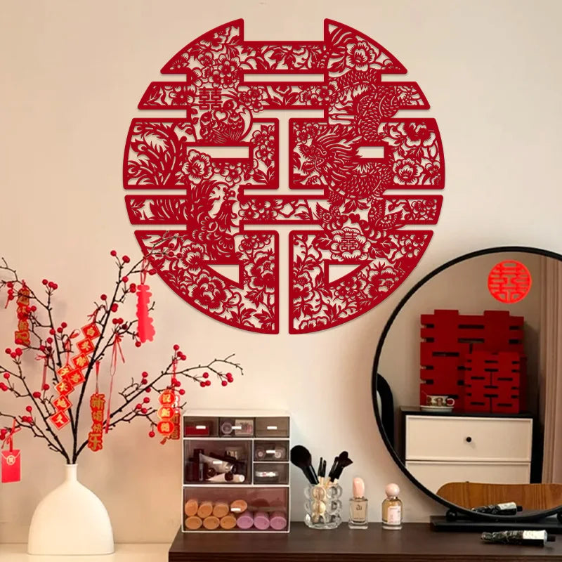 décoration murale mariage papier découpé artisanal motifs floraux rouge adhésif traditionnel chinois