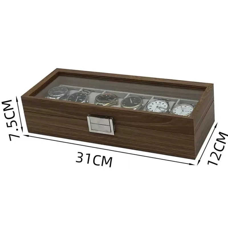 boîte montres compartiments texture bois transparente classique marron gris protection métal