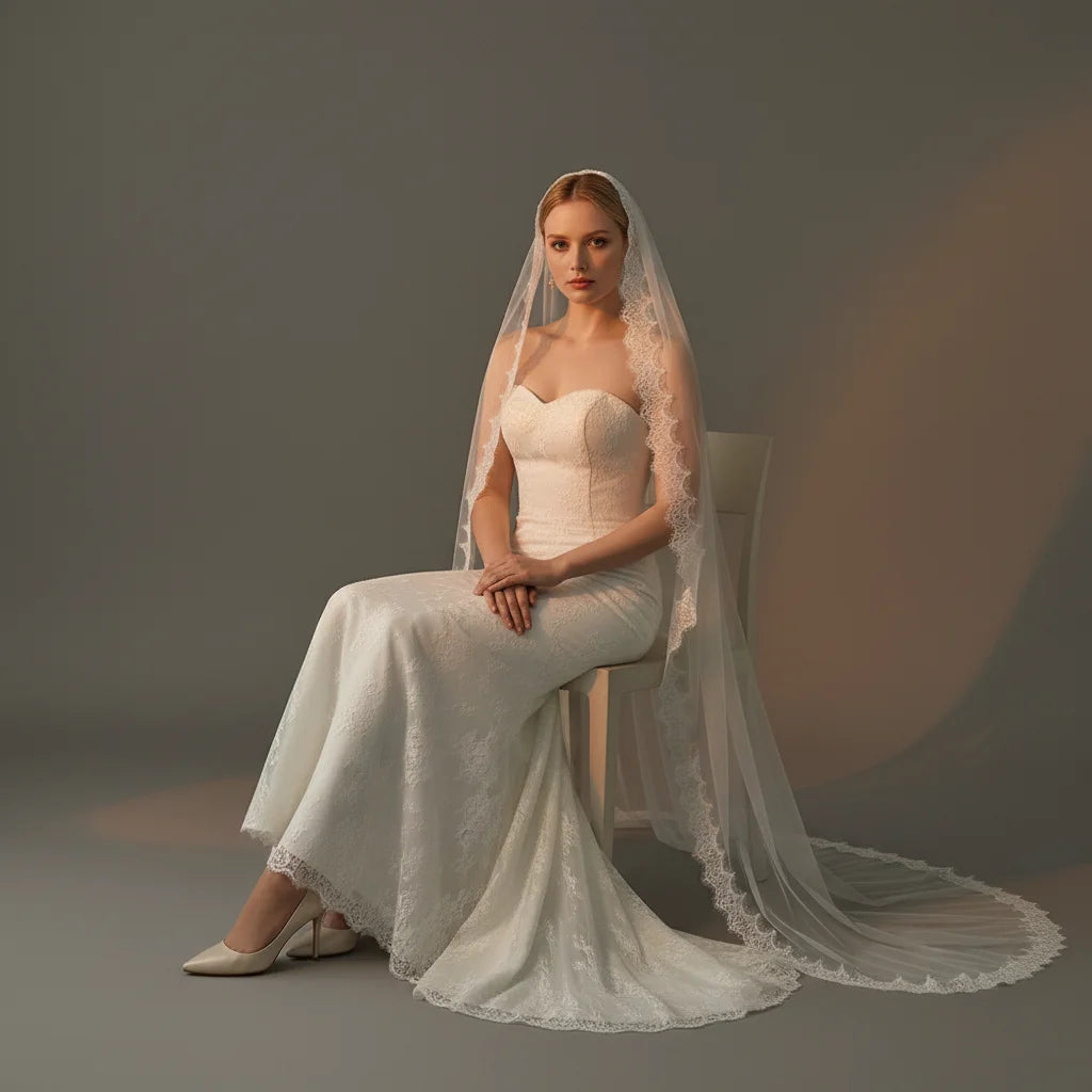 voile mariée blanc dentelle fine classique mariage translucide unique couche bride élégante
