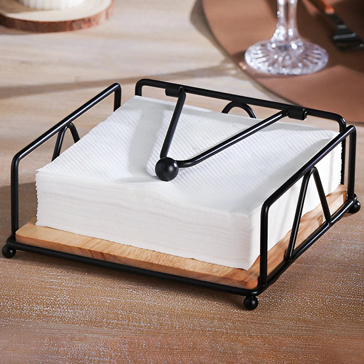 support serviettes industriel moderne métal noir bois naturel pieds billes cuisine salle bain