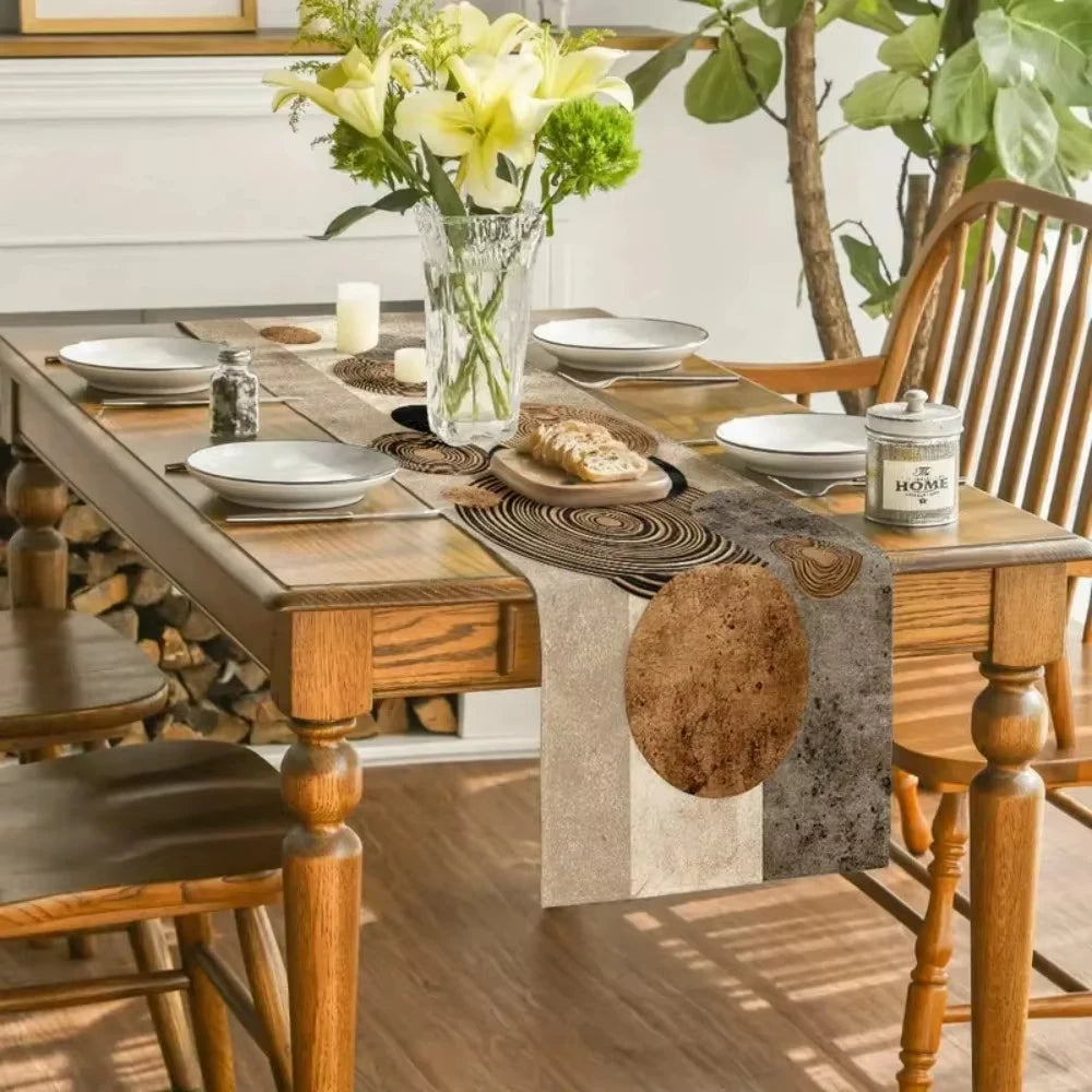 table cuisine moderne lin motifs abstraits beige marron rustique contemporain fermier