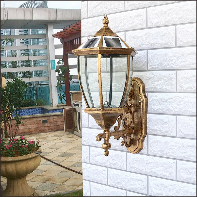 lampe murale solaire led or noir texture metallique verre translucent classique vintage ip55