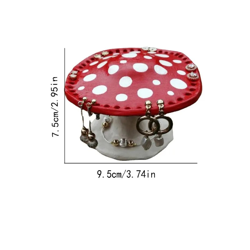 porte bijoux champignon rouge blanc argenté fantaisiste 7.5cm 9.5cm 26 trous pois blancs decoratif