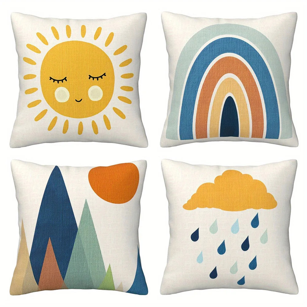 coussin moderne arc ciel soleil souriant nuages montagnes décoration chambre blanche jaune bleu orange