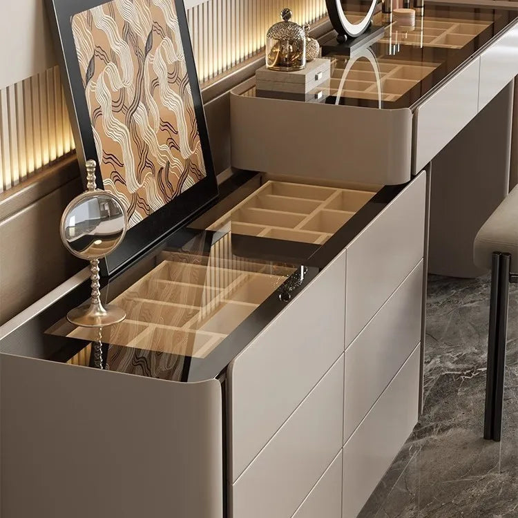 meuble rangement moderne commode tiroirs table maquillage miroir tabouret bois chêne massif beigeclair