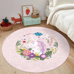 tapis rond licorne floral antidérapant polypropylène polyester doux enfant nuages étoiles rose chambre