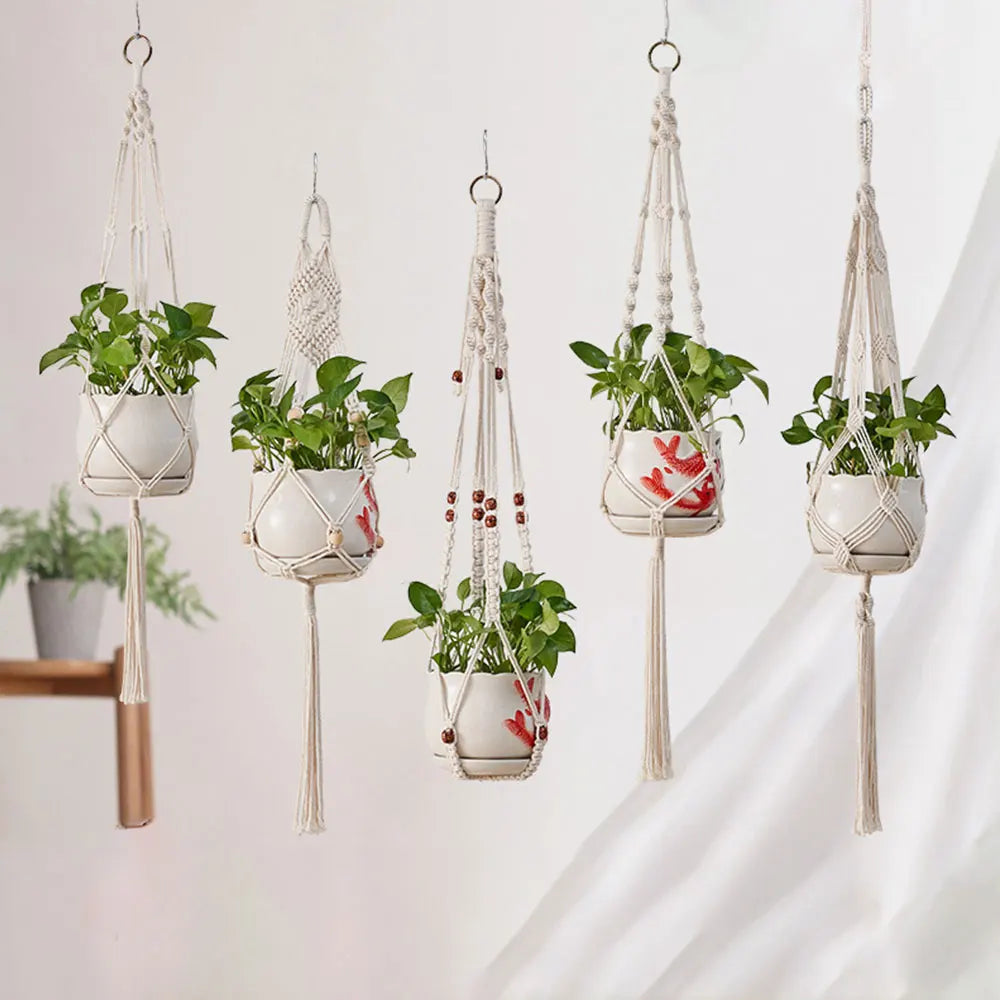 support plante suspendue corde tressée bois boho artisanal anneaux métalliques pot fleurs blanc base