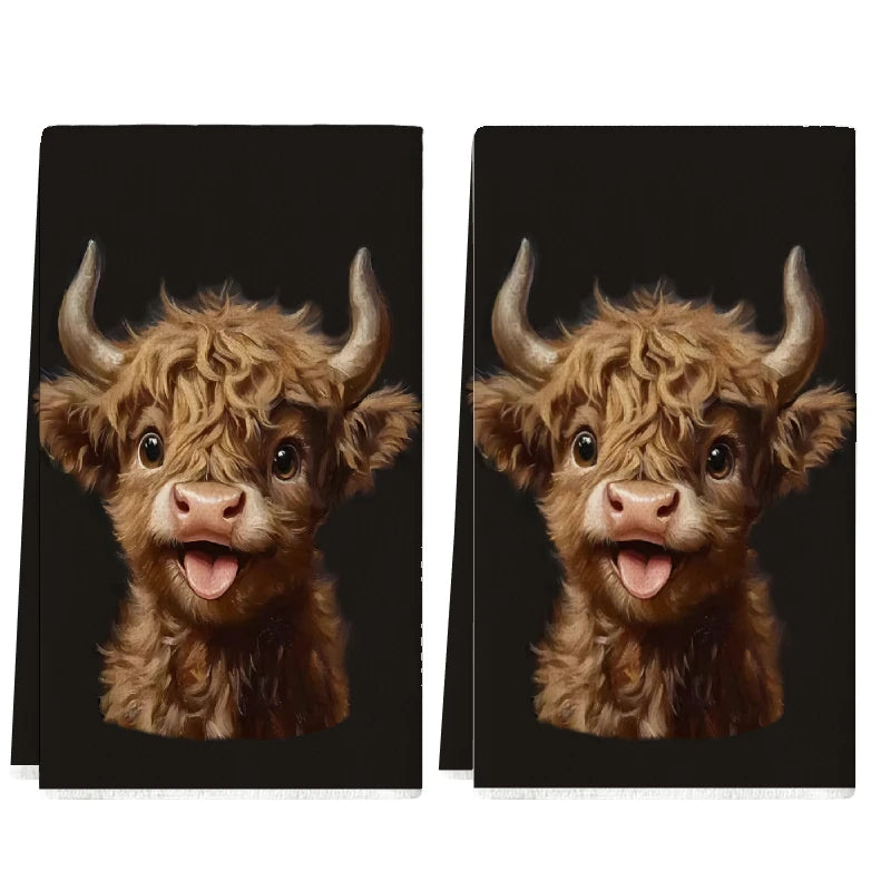 serviettes cuisine polyester motif veau écossais rustique lot deux noir marron absorbantes texturées