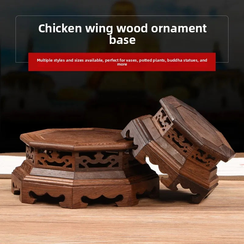 base d'ornement bois marron sculpté artisanal traditionnel décoration table vase théière inclusion petite taille