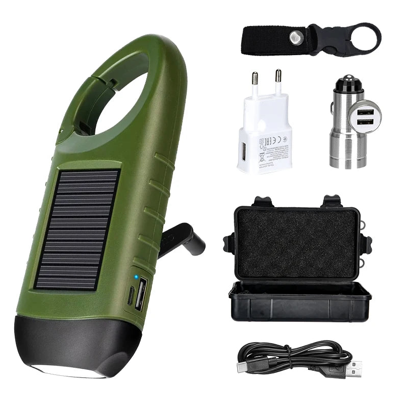 lampe torche solaire vert olive rechargeable rayures horizontales mode fixation annexe chargeurs camping