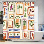 rideau douche tropical motif animaux océanique orangé crème bleu vert