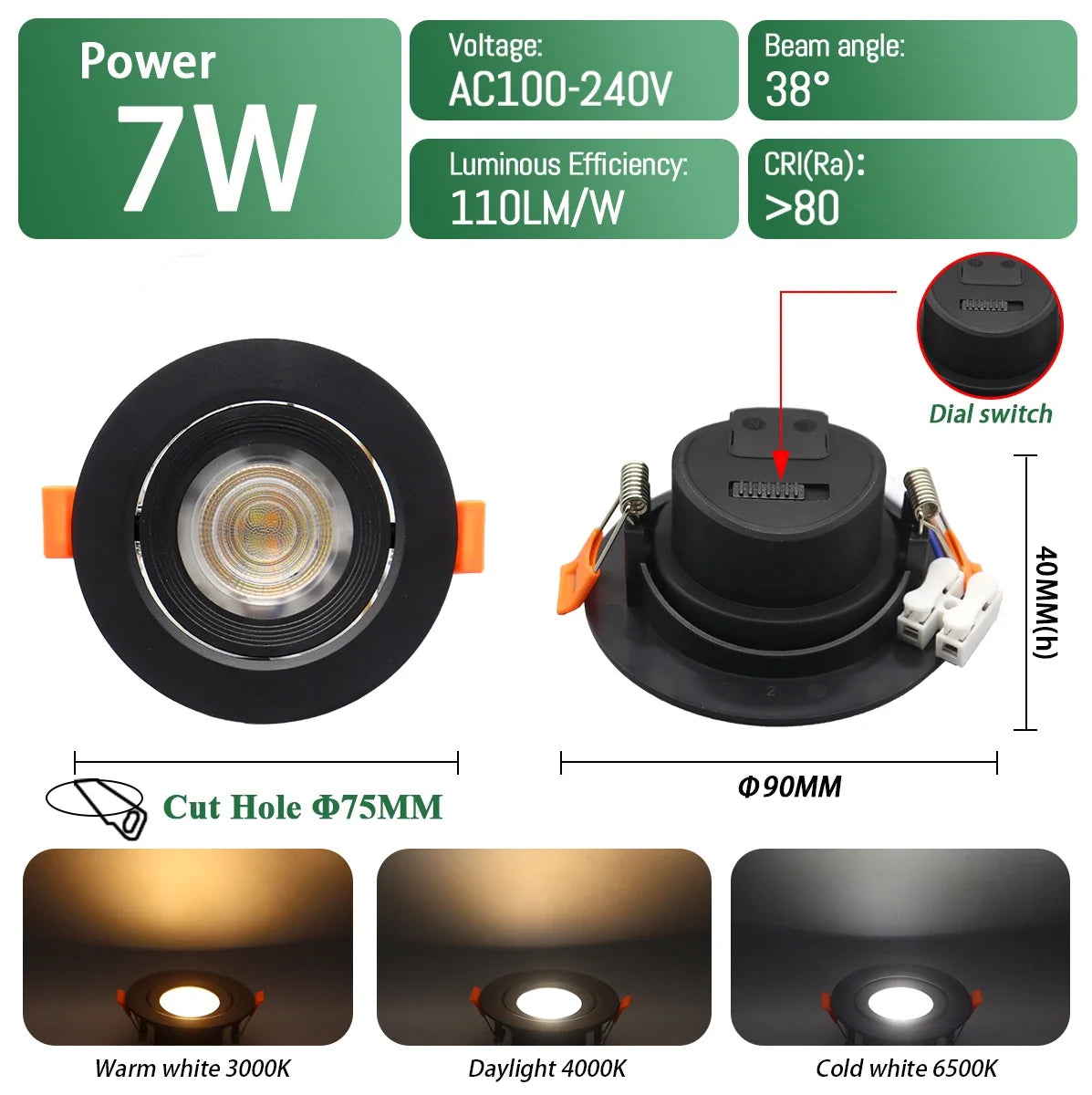 spot led blanc moderne 3000k 4000k 6500k interrupteur cct 75mm 90mm