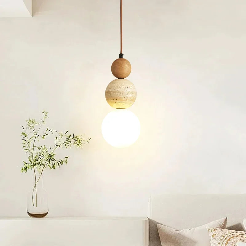 suspension lumineuse moderne pierre bois texture naturelle 3000K marron clair interrupteur bouton LED 90