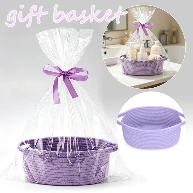 panier cadeau tissé poignées sac ruban violet rose jaune bleu moderne rustique respectueux environnement