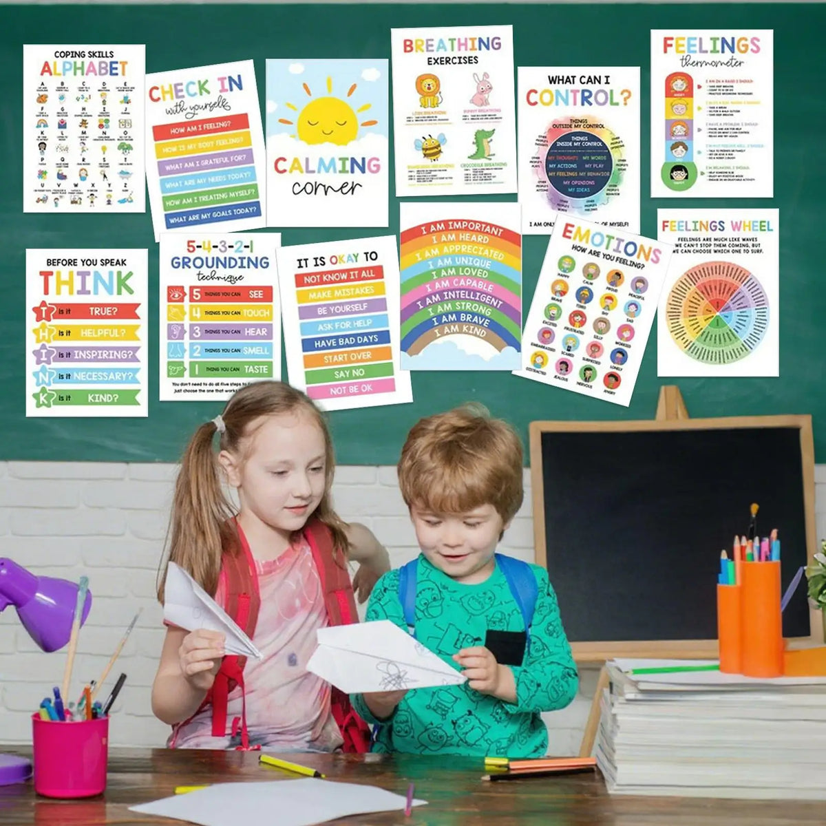 affiches pédagogiques multicolores graphiques adhésives émotions classes enfants 25x35cm 12 pièces éducatives illustrations variées