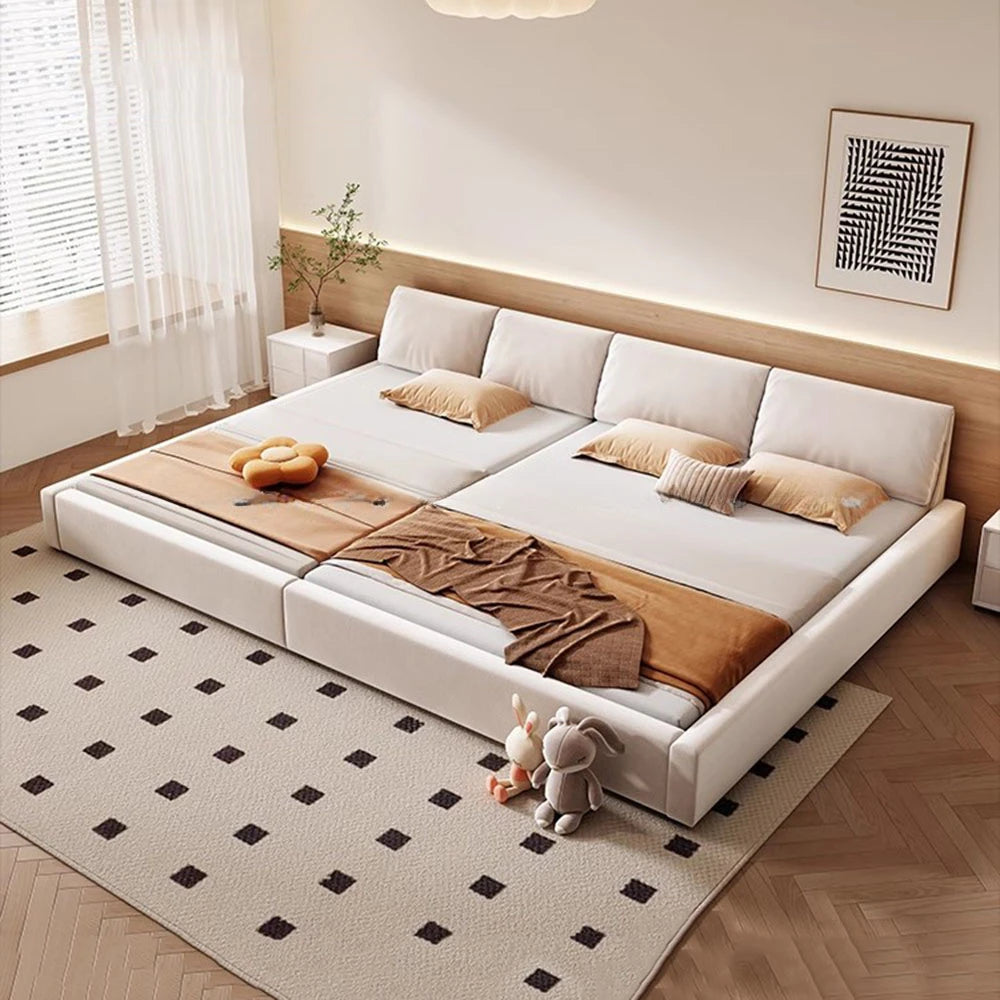 lit plateforme modulaire blanc crème moderne coussins tapis géométrique 180x200cm chambre scandinave