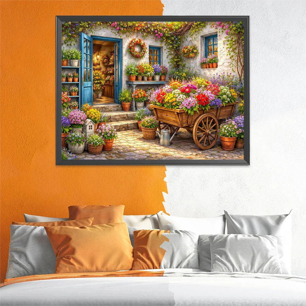 puzzle diamant multicolore maison fleurs artisanal complet diy résine opaque classique full embroidery kit