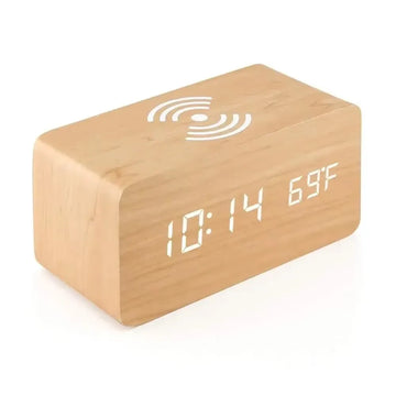 horloge table chargeur sans fil cadran led blanc bois moderne température alarme(calendar)