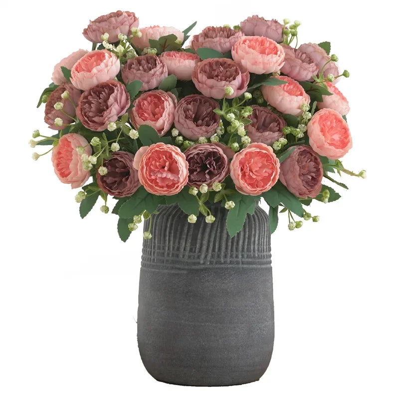 bouquet fleurs artificielles pivoine soie violet rose orange classique decoration maison intérieur