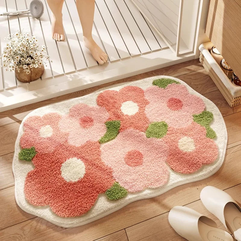 tapis bain doux antidérapant clips motif fleurs feuilles salle bain