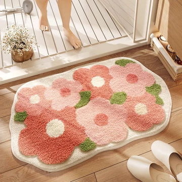 tapis bain doux antidérapant clips motif fleurs feuilles salle bain