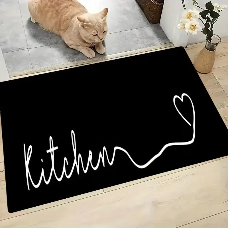 tapis cuisine noir écriture blanche moderne antidérapant polyester coeurs blancs doux machine
