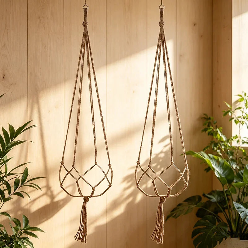 Macramé suspendu tissé main boho pots blancs plantes vertes noirs