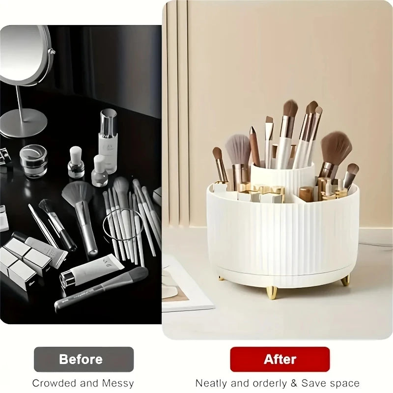 organisateur maquillage rotatif blanc rayures verticales moderne pieds dorés compartiments pinceaux crayons lèvres soins