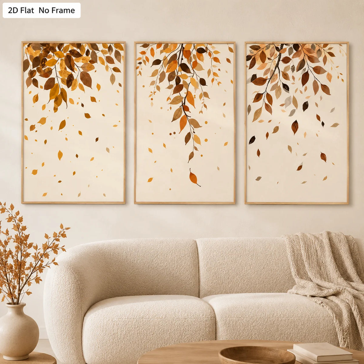 tableau moderne feuilles d'automne toile sans cadre beige marron doré nature morte pièces décoration