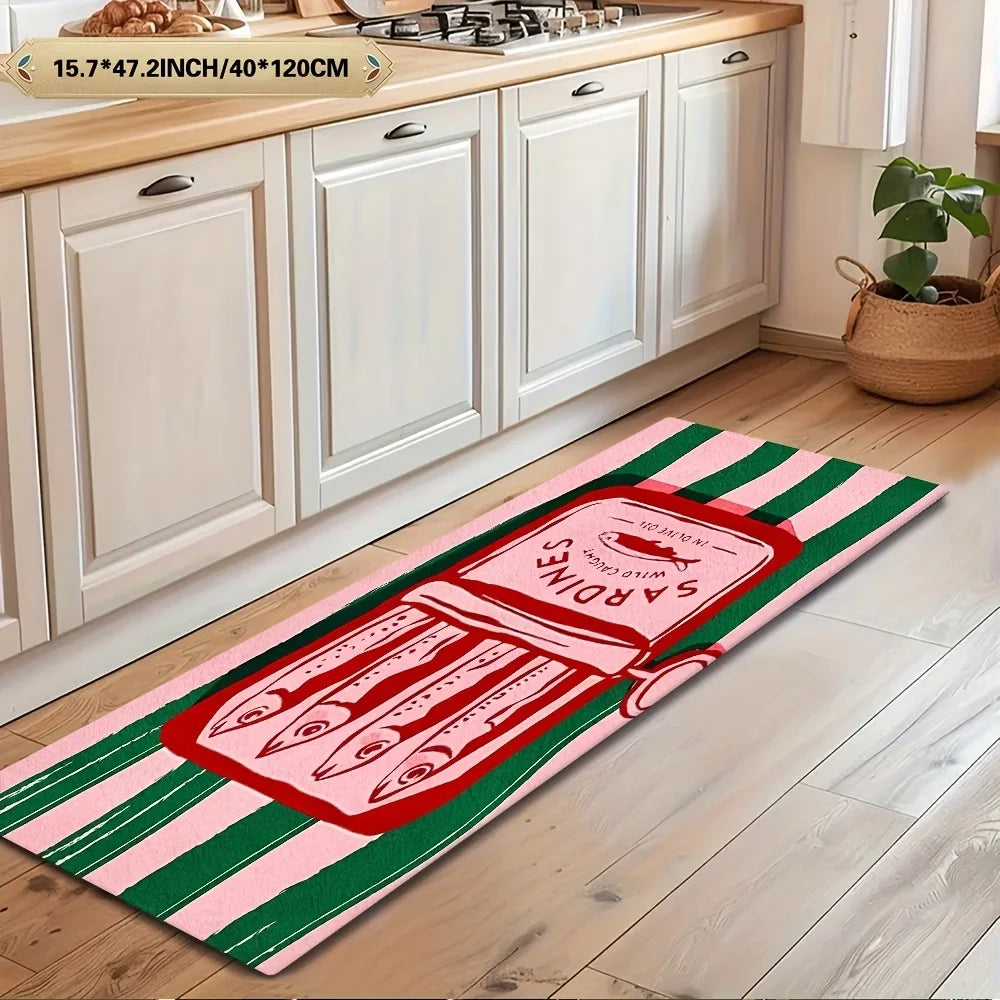 tapis cuisine moderne motif sardines fleurs saison love vert rose blanc rouge noir