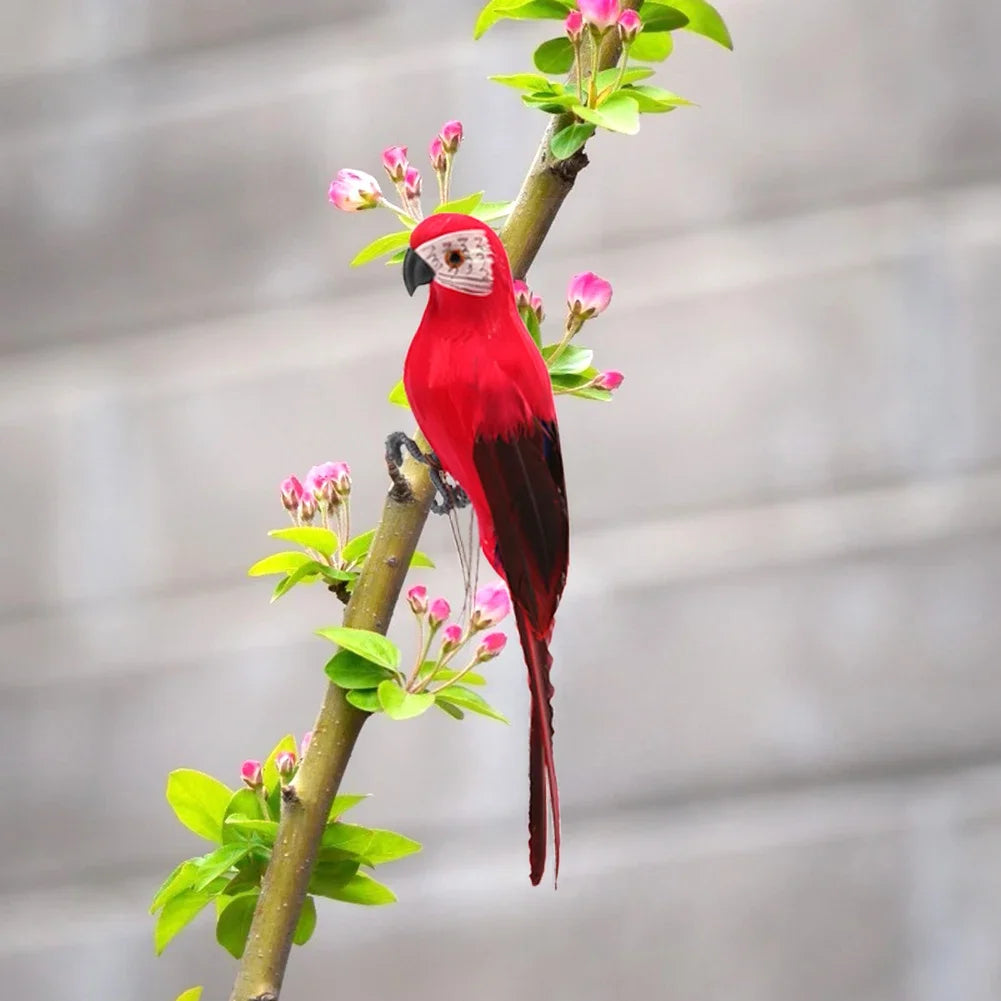 décoration extérieure oiseau artificiel plumes colorées réaliste rouge vert jaune bleu tringle inclusion feuilles