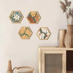 coasters hexagonaux bois naturel fleurs stylisées moderne adhésif double face blanc vert orange bleu