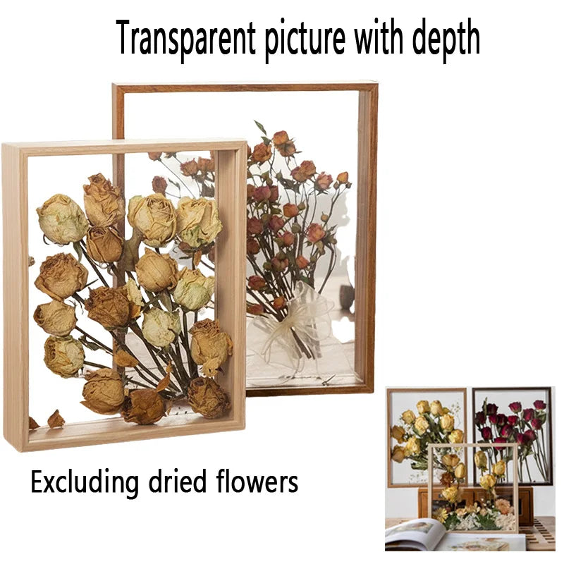cadre photo transparent bois naturel moderne minimaliste sans fixation fleurs séchées couleur variée deco