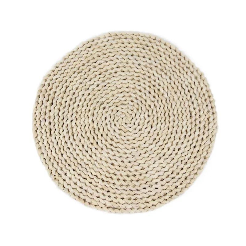 tapis table tissé main rustique couleur beige clair matériau cuir maïs artisanal diamètre 20cm