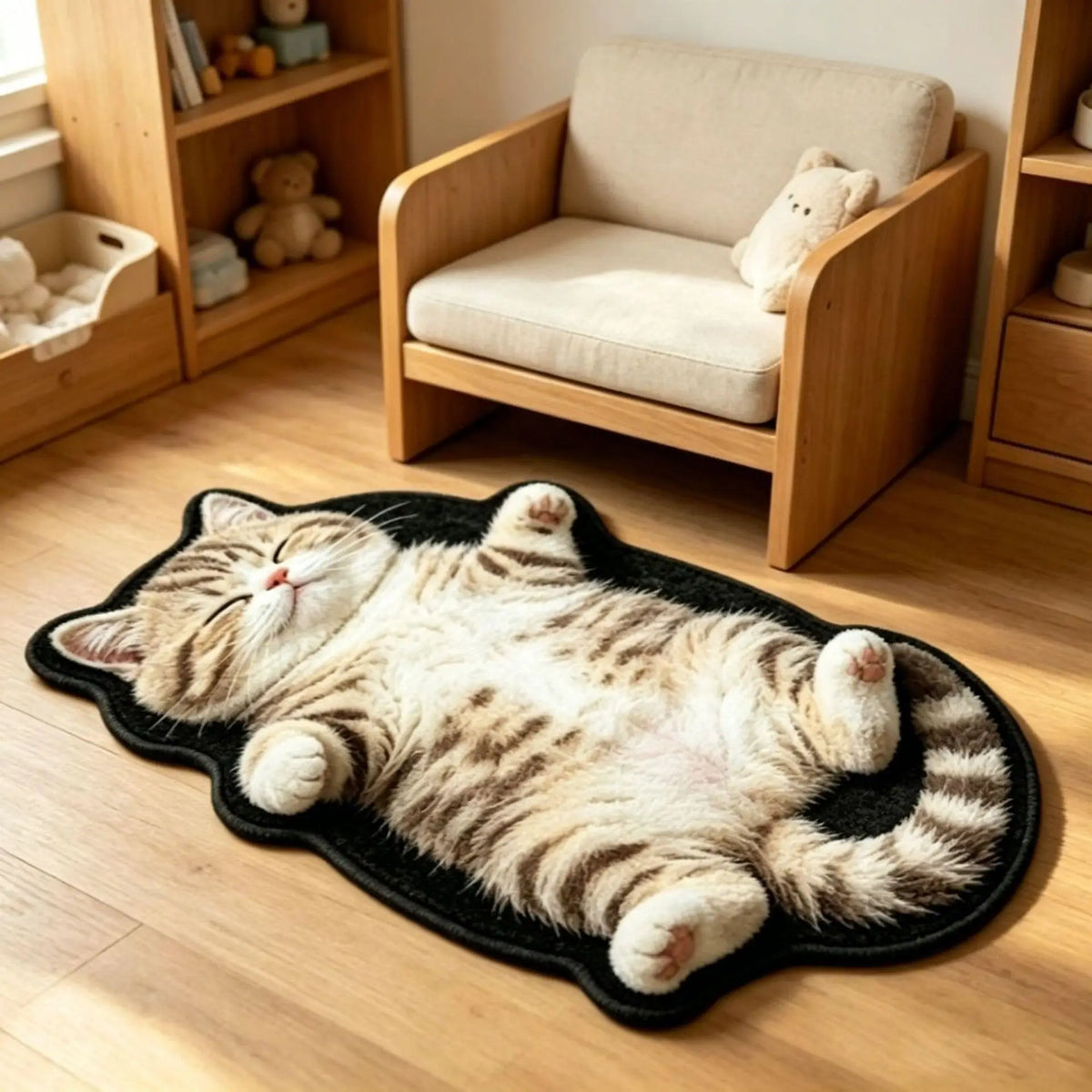 tapis sol chat tigré peluche gris blanc beige doux antidérapant chambre salon maison