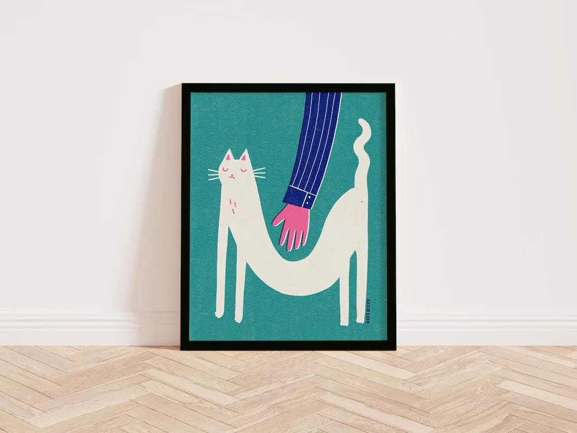 affiche moderne chat blanc illustration main verte rose noire