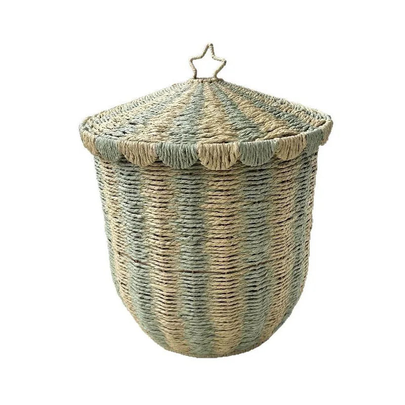 panier rangement osier traditionnel réutilisable respectueux environnement couleur beige marron clair rayures horizontales bordure