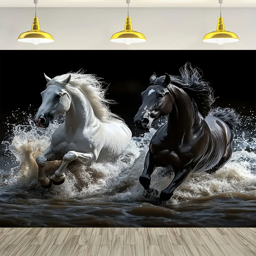 toile d'art chevaux galopants eau blanc noir réaliste mural décoration maisonpaquepaque