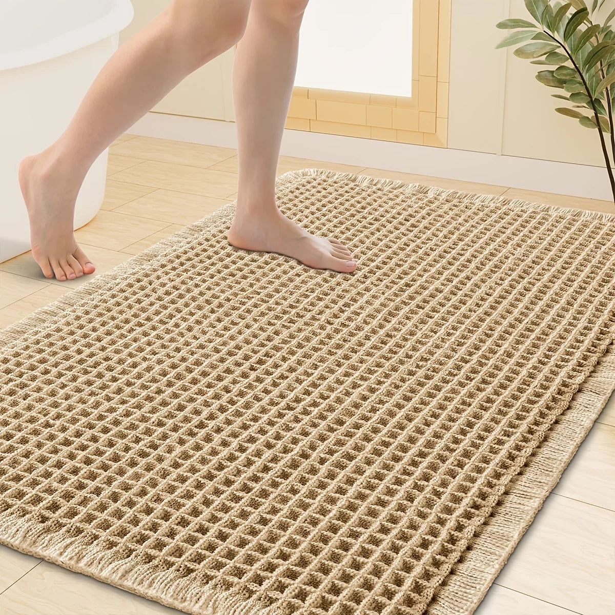 tapis moderne rustique texture carreaux beige clair antidérapant polyester tressé salon bain extérieur
