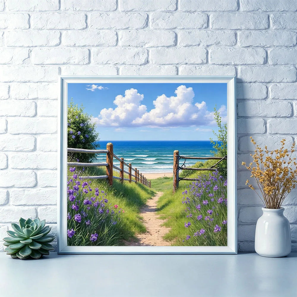 toile imprimée paysage marin plage falaises nuages herbe ciel broderie fil instructions aiguille coton